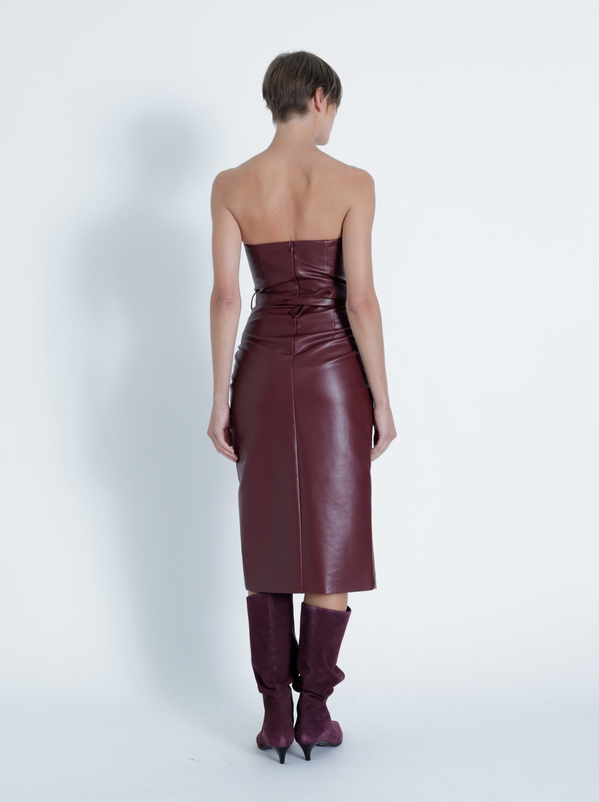 Karina Grimaldi Samantha Strapless Faux Leather Midi Dress in Burgundy - Size Xs Karina Grimaldi Samantha Strapless Faux Leather Midi Dress in Burgundy - Size Xs