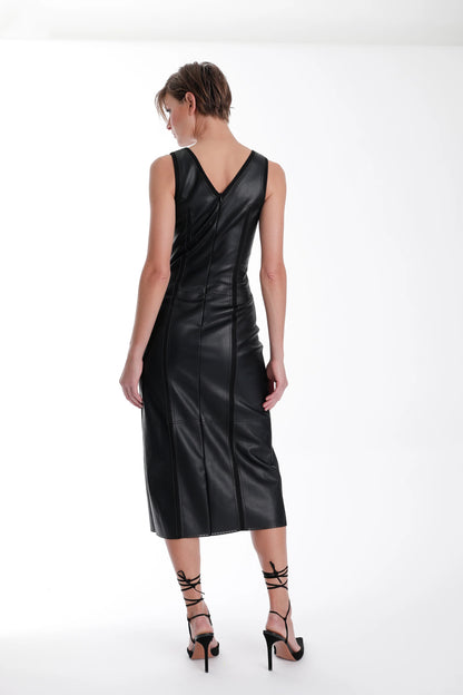 Mona Vegan Leather Midi Dress - Black