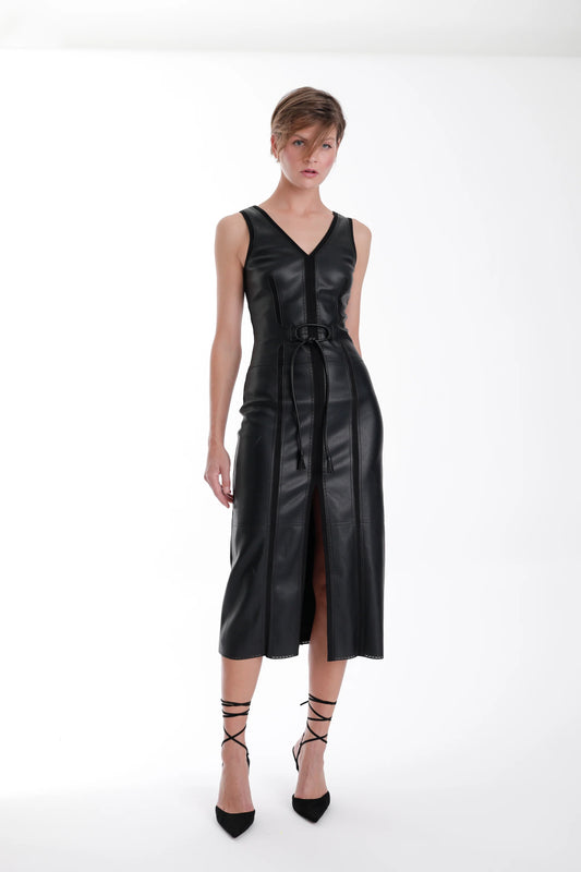 Mona Vegan Leather Midi Dress - Black