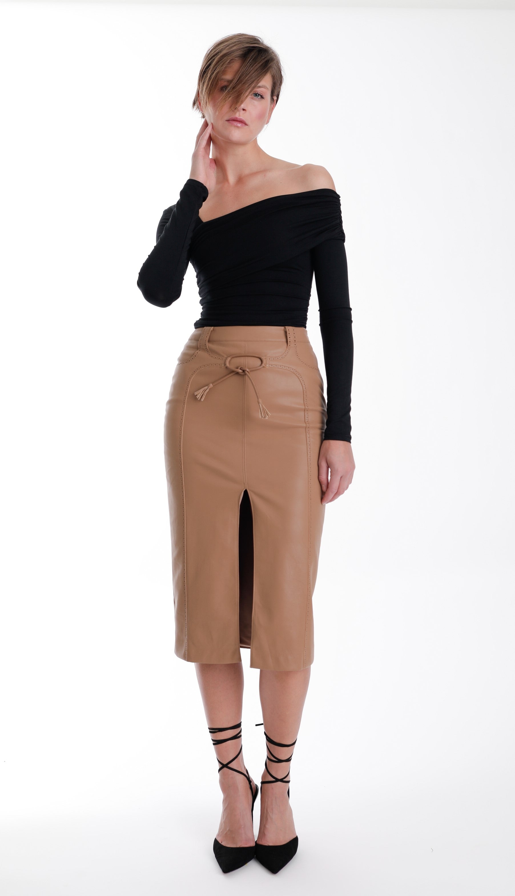 Mona Vegan Leather Midi Skirt - Chestnut