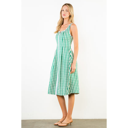 Thin Strap Gingham Pattern Dress - Green