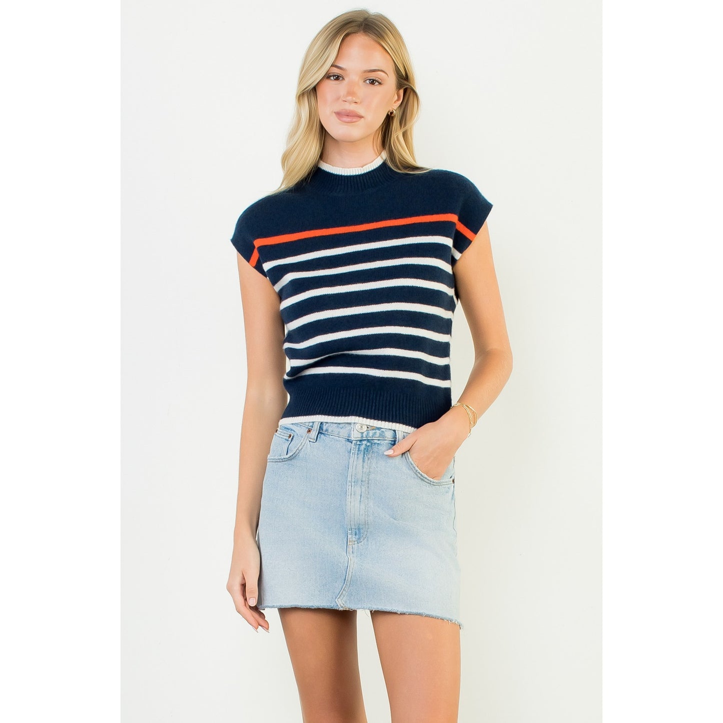 Cap Sleeve Stripe Knit Top - Navy