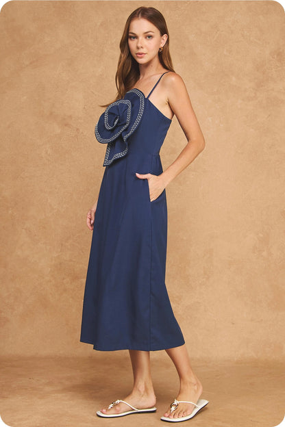 Statement Flower Rosette Top - Stitched Midi Dress - Navy/White