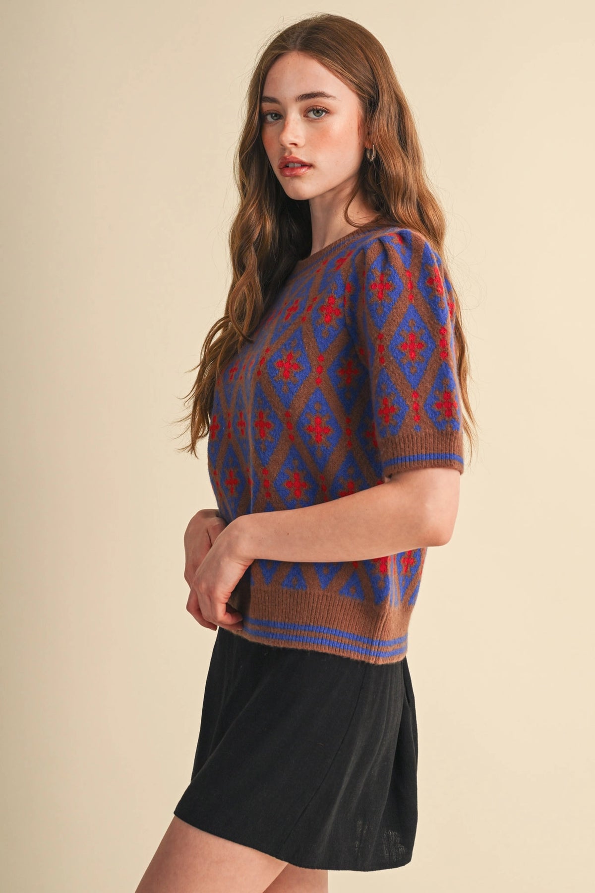 Geometric Knit Short Sleeve Sweater - Blue Brown