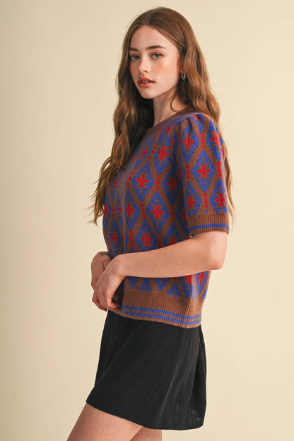 Geometric Knit Short Sleeve Sweater - Blue Brown