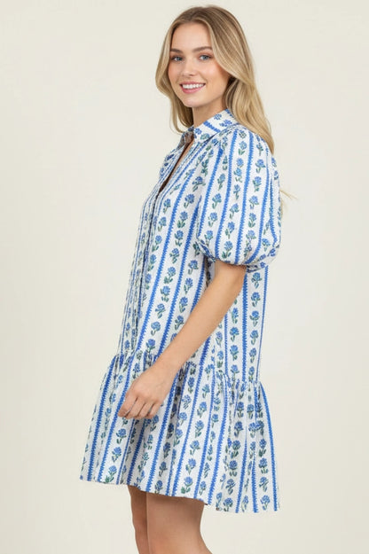 Floral Stripe Puffed Sleeve Mini Dress - Blue
