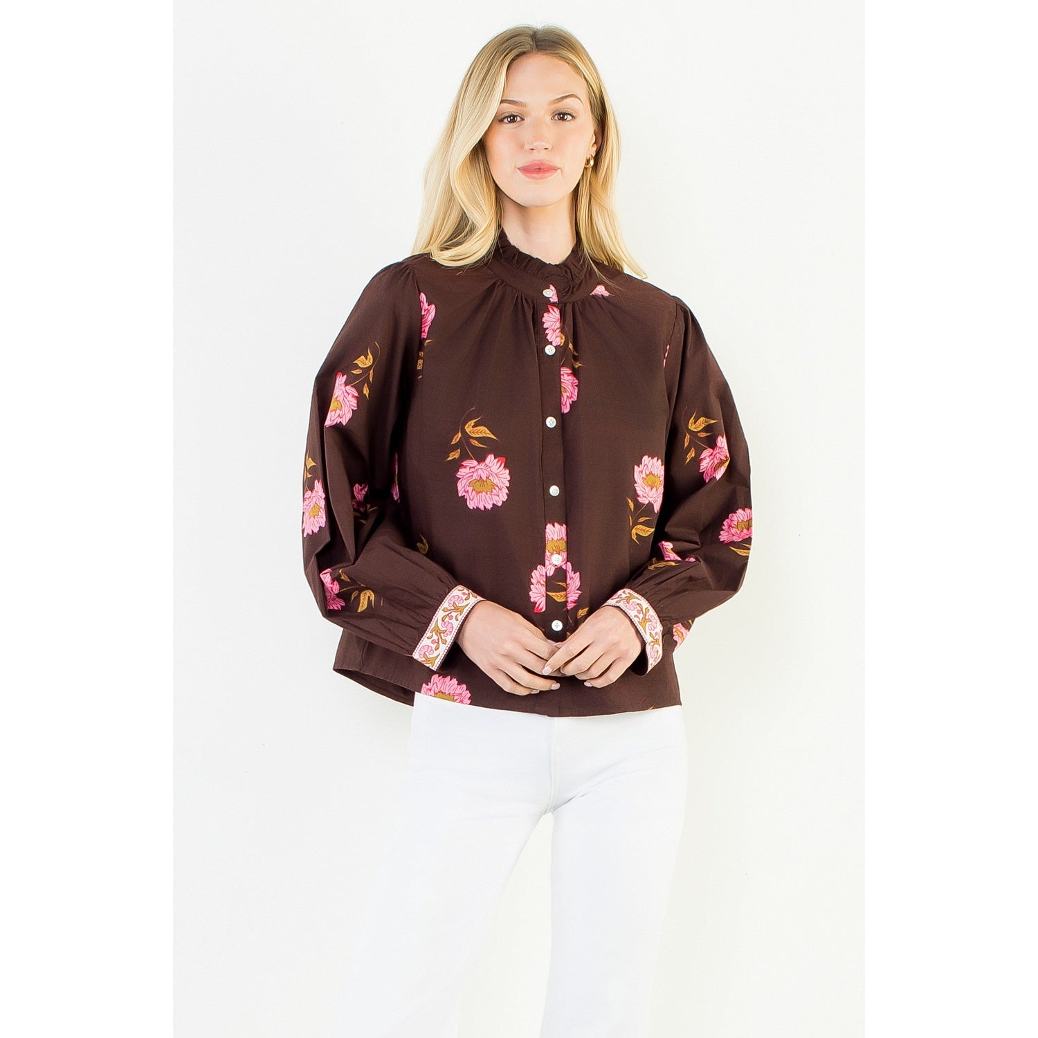 Long Sleeve Floral Top with Pattern Cuffs - Brown