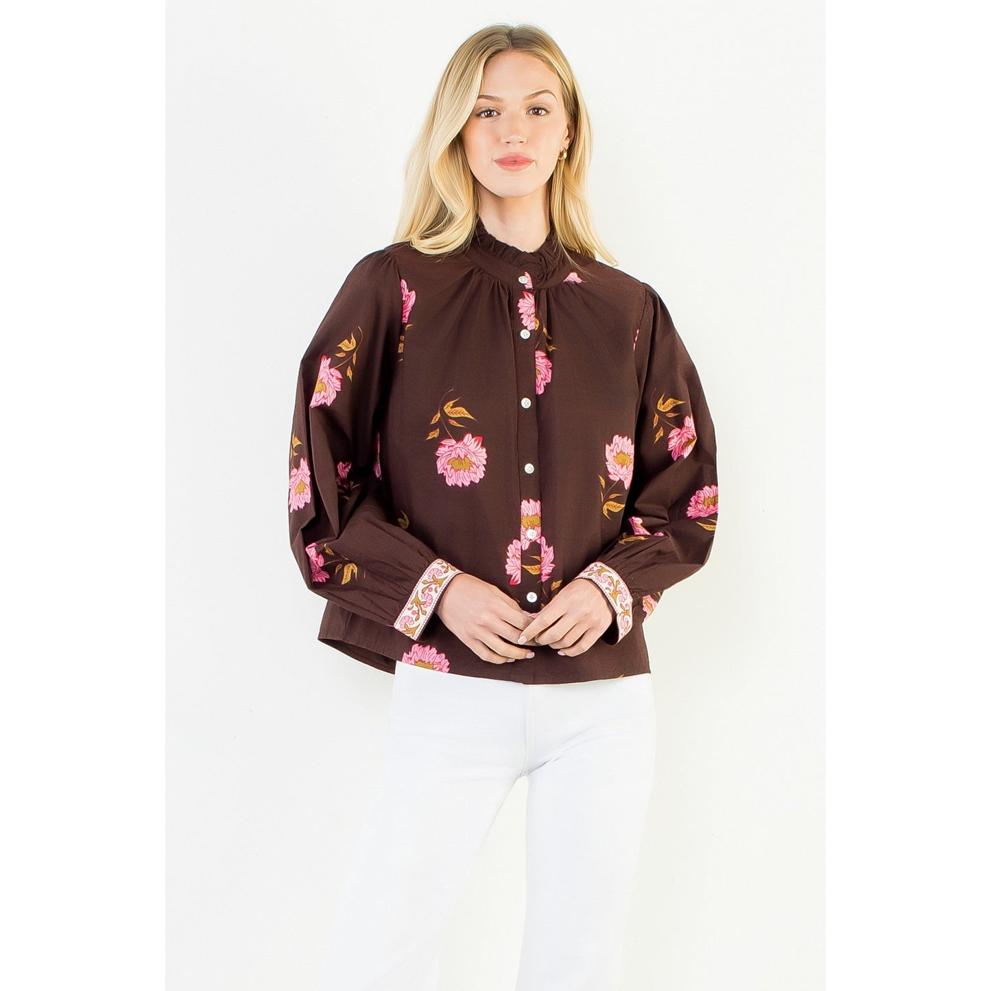 Long Sleeve Floral Top with Pattern Cuffs - Brown