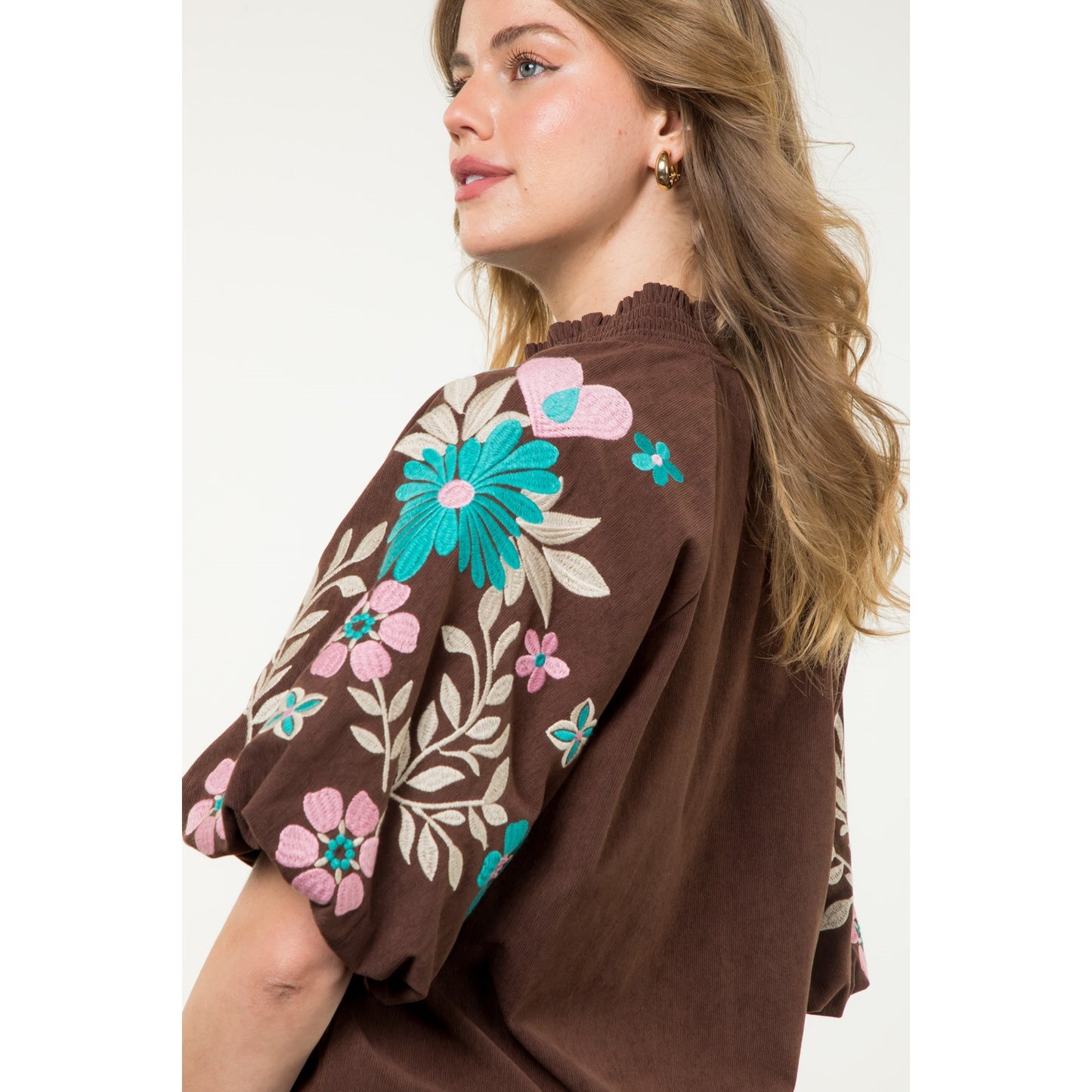 THML - Embroidered Puff Sleeve Corduroy Top - Brown