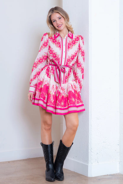 Long Sleeve Button Up Printed Dress w/Self Tie - Pink Multi - Spinout