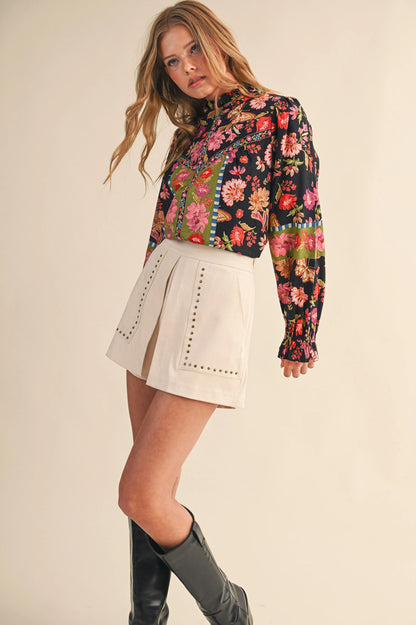 Exclusive Floral Border Print Top with Floral Trim - Black Multi Floral