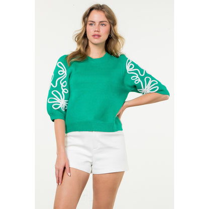 THML - Short Sleeve Embroidered Detail Knit Top - Green