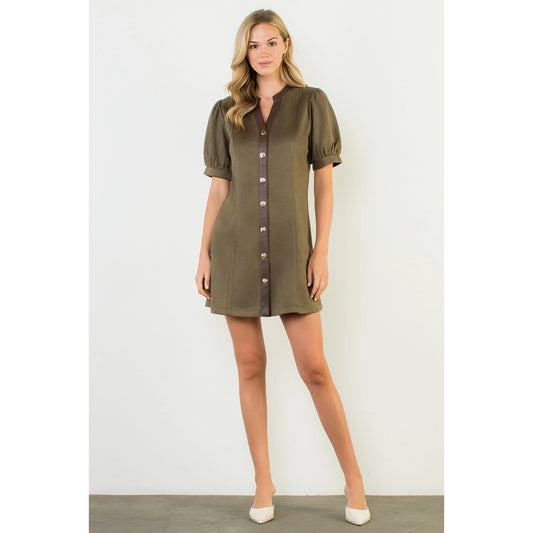 Puff Sleeve V-Neck Button Up Suede Dress - Olive