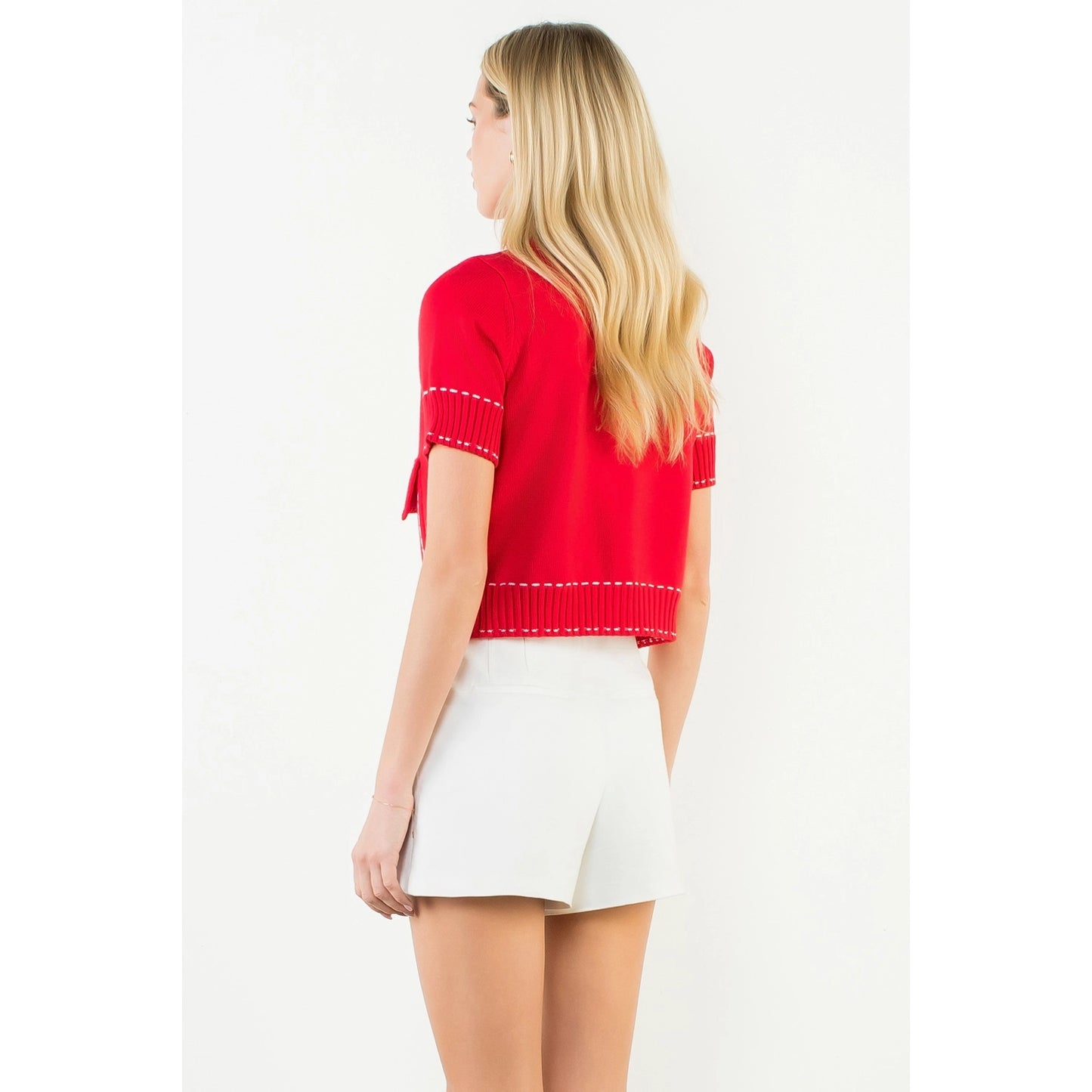 Short Sleeve Knitted Button Up Top - Red