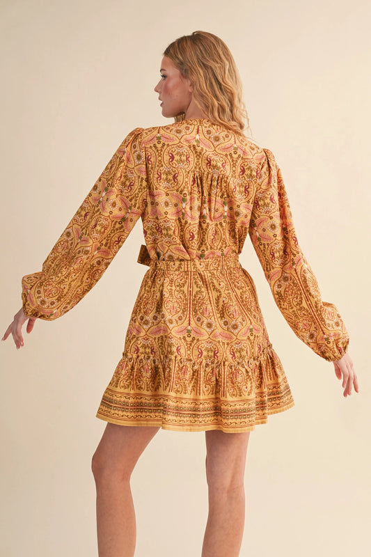 Exclusive Floral Print Button Down Belted Mini Dress - Mustard Multi