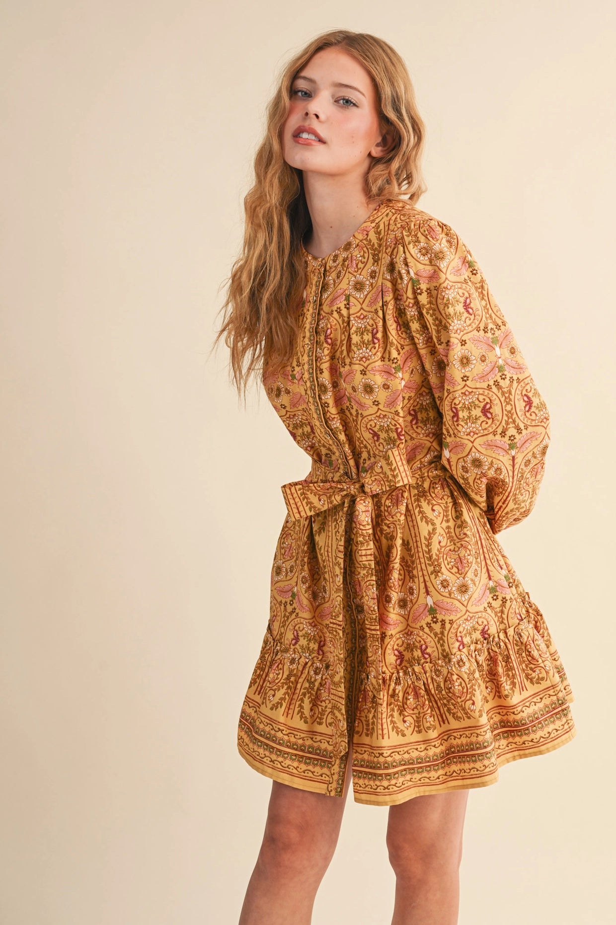Exclusive Floral Print Button Down Belted Mini Dress - Mustard Multi