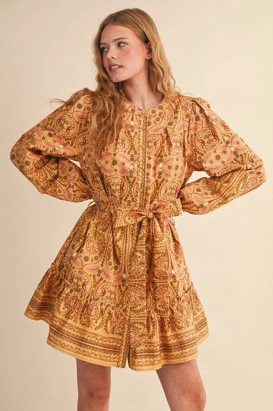 Exclusive Floral Print Button Down Belted Mini Dress - Mustard Multi