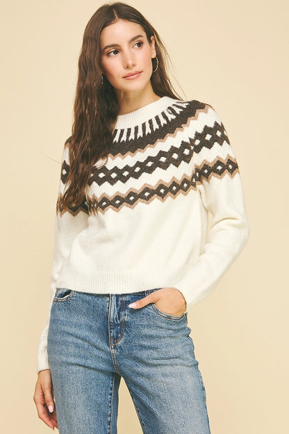 Vintage Geometric Pattern Sweater - Ivory/Multi