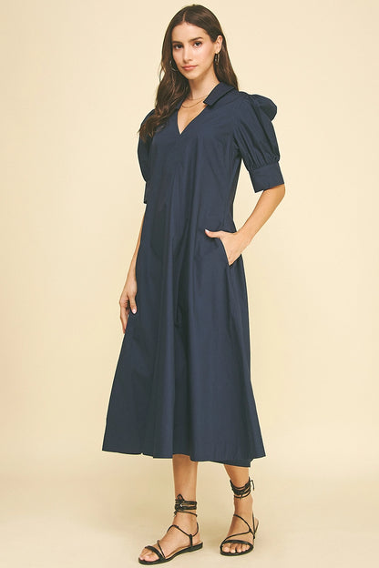 V-Neck Pleated A-Line Dress - Deep Navy