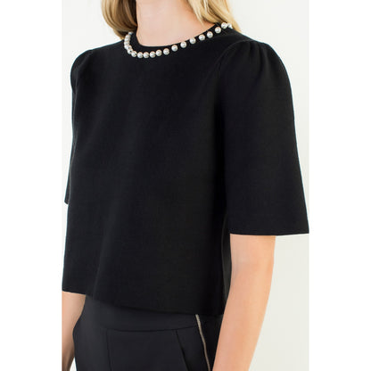Pearl Neck Line Cropped Top - Black