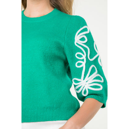 THML - Short Sleeve Embroidered Detail Knit Top - Green