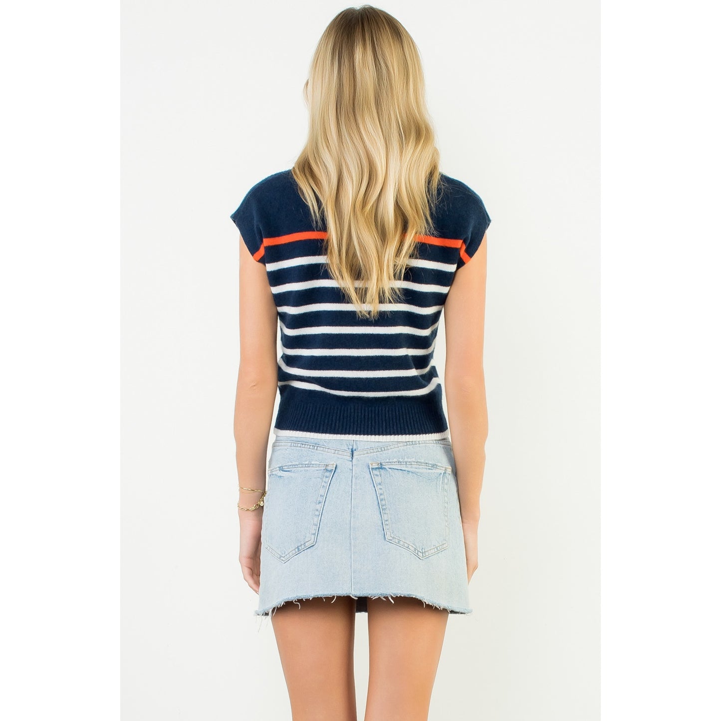 Cap Sleeve Stripe Knit Top - Navy