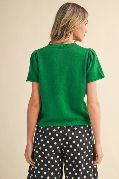 Short Sleeve Sweater Cardigan - Rosemary Green