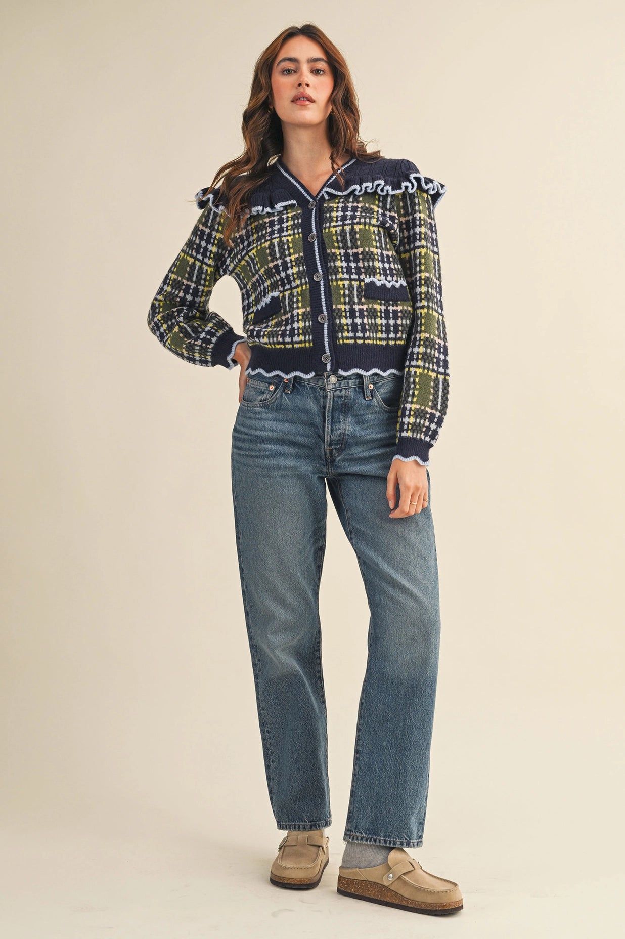 Ruffled Yoke Plaid Sweater Cardigan - Navy
