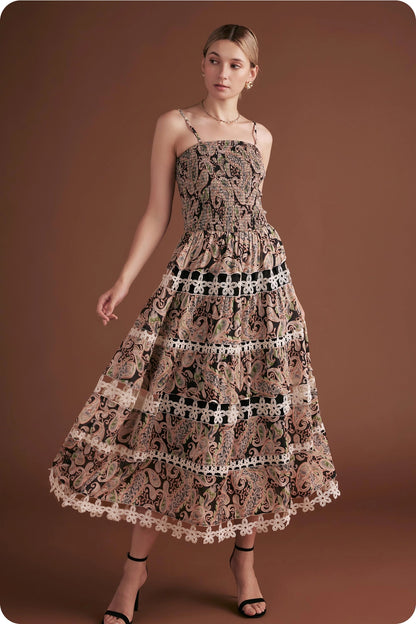 Posh Paisley Eyelet Lace Midi Dress - Black Multi