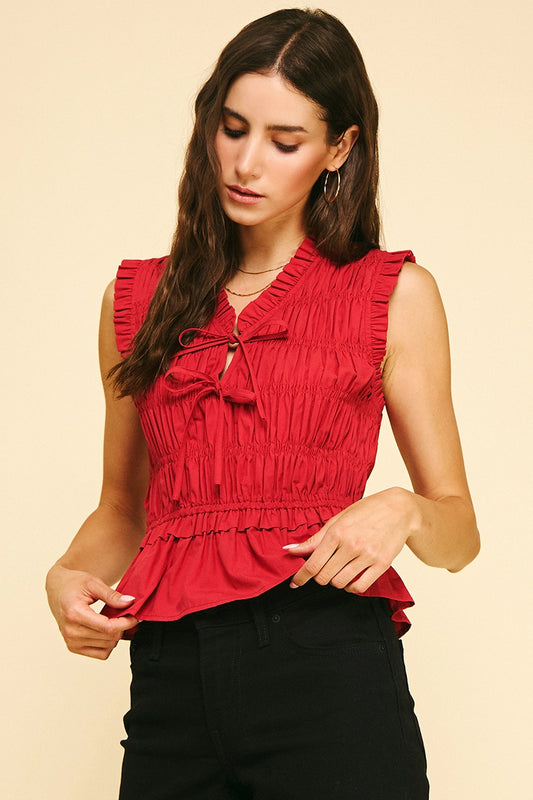 Front-Tie Detailed Smocking Top - Red