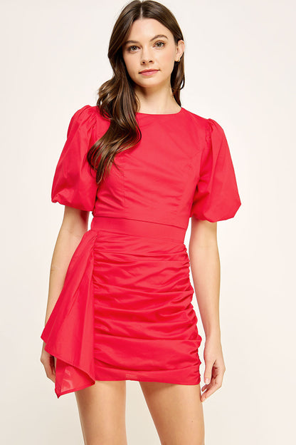 Ruched Short Puff Sleeve Voile Mini Dress - Cherry