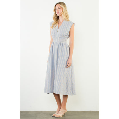 Sleeveless Striped Pattern V-Neck Dress - Blue - Spinout