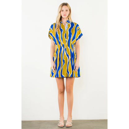 Short Sleeve Wavy Striped Pattern Dress - Olive