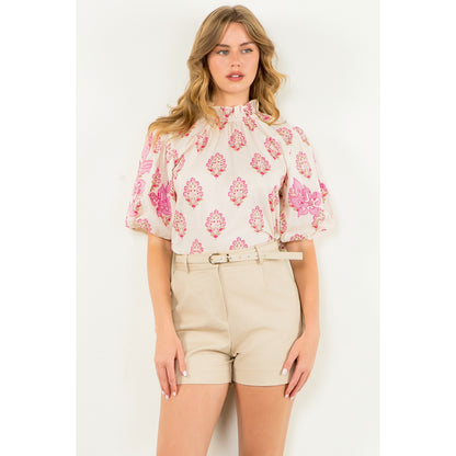 THML - Puff Sleeve Flower Top - White