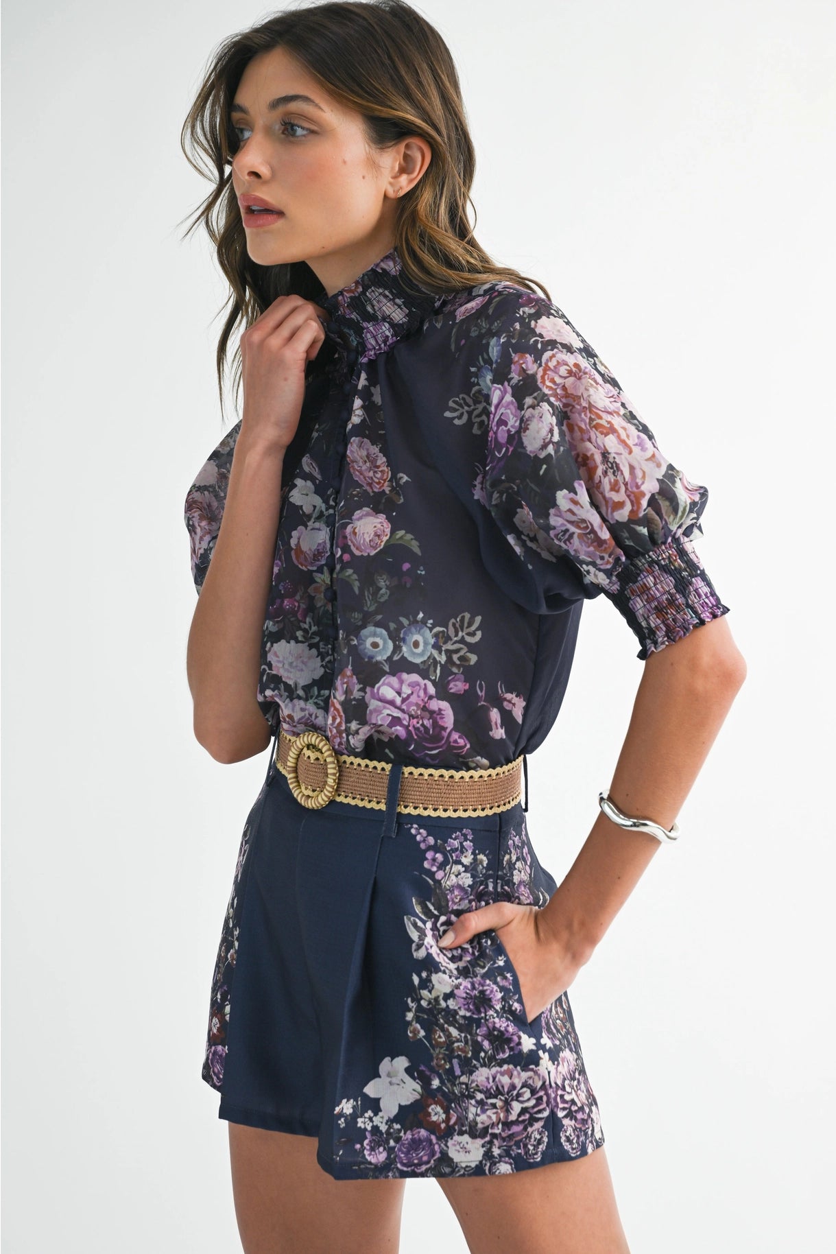 Floral Button Up Top and Short Set - Navy Flower