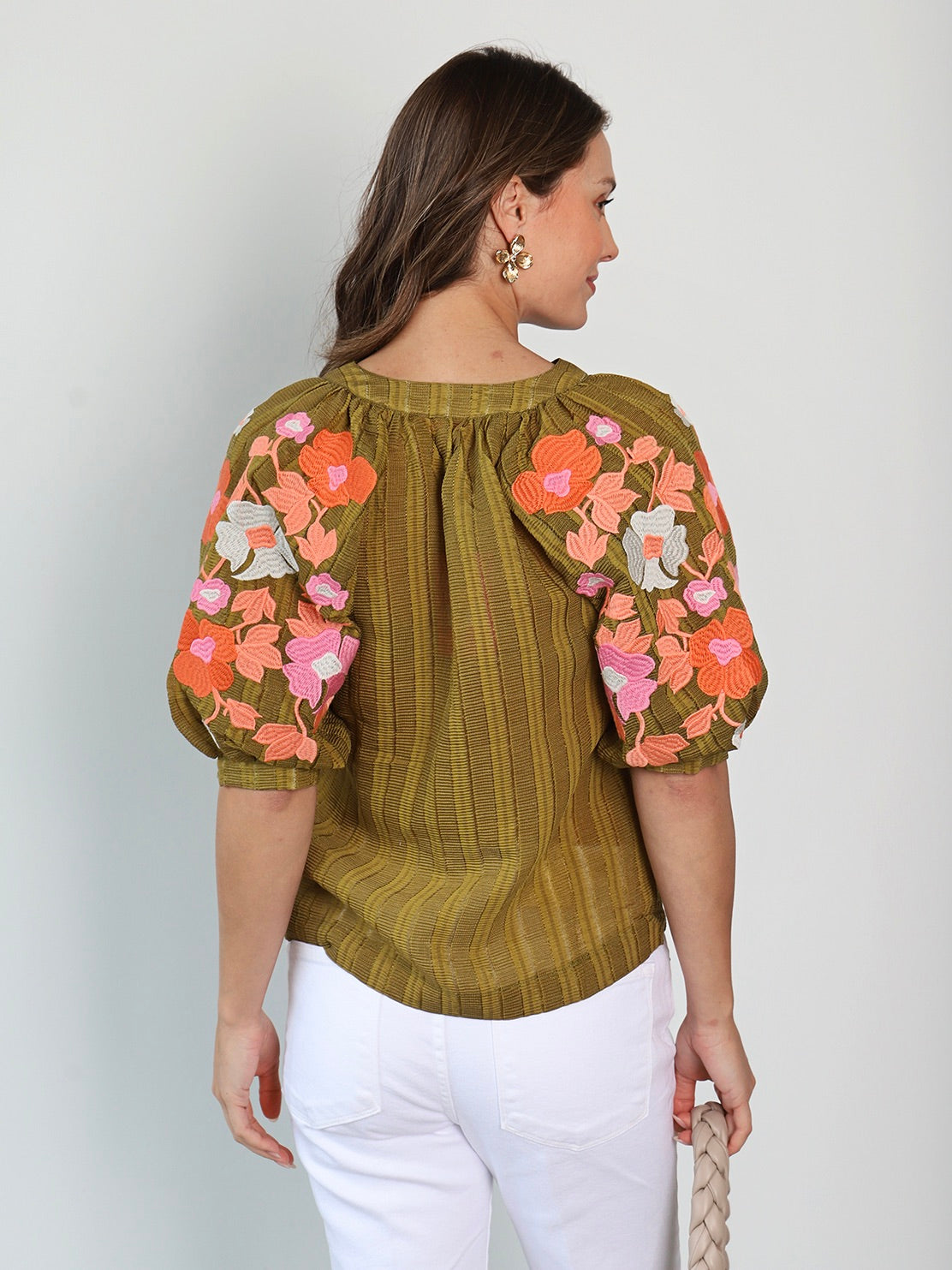 THML - Floral Embroidered Puff Sleeve Top - Green