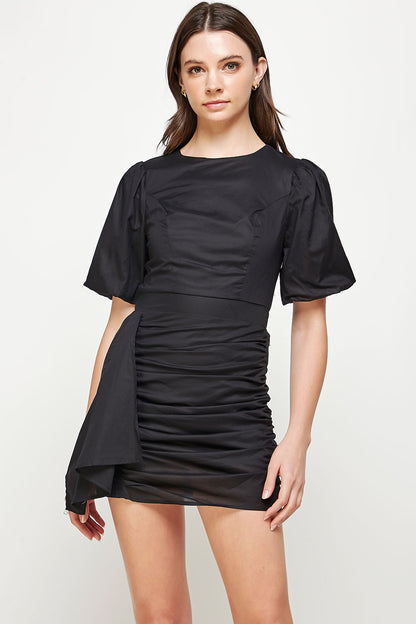 Ruched Short Puff Sleeve Voile Mini Dress - Black