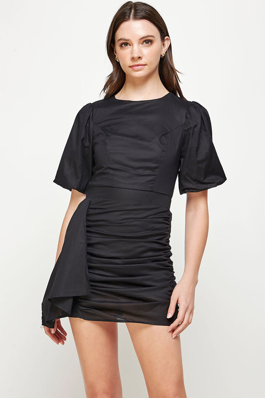 Ruched Short Puff Sleeve Voile Mini Dress - Black