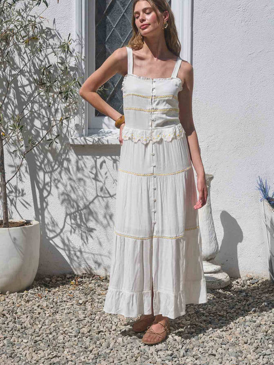 Sleeveless Lace Daisy Trim Midi Dress - Off-White