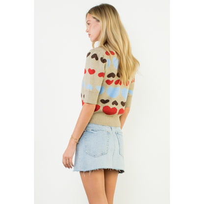 Short Sleeve Heart Knit Top - Taupe