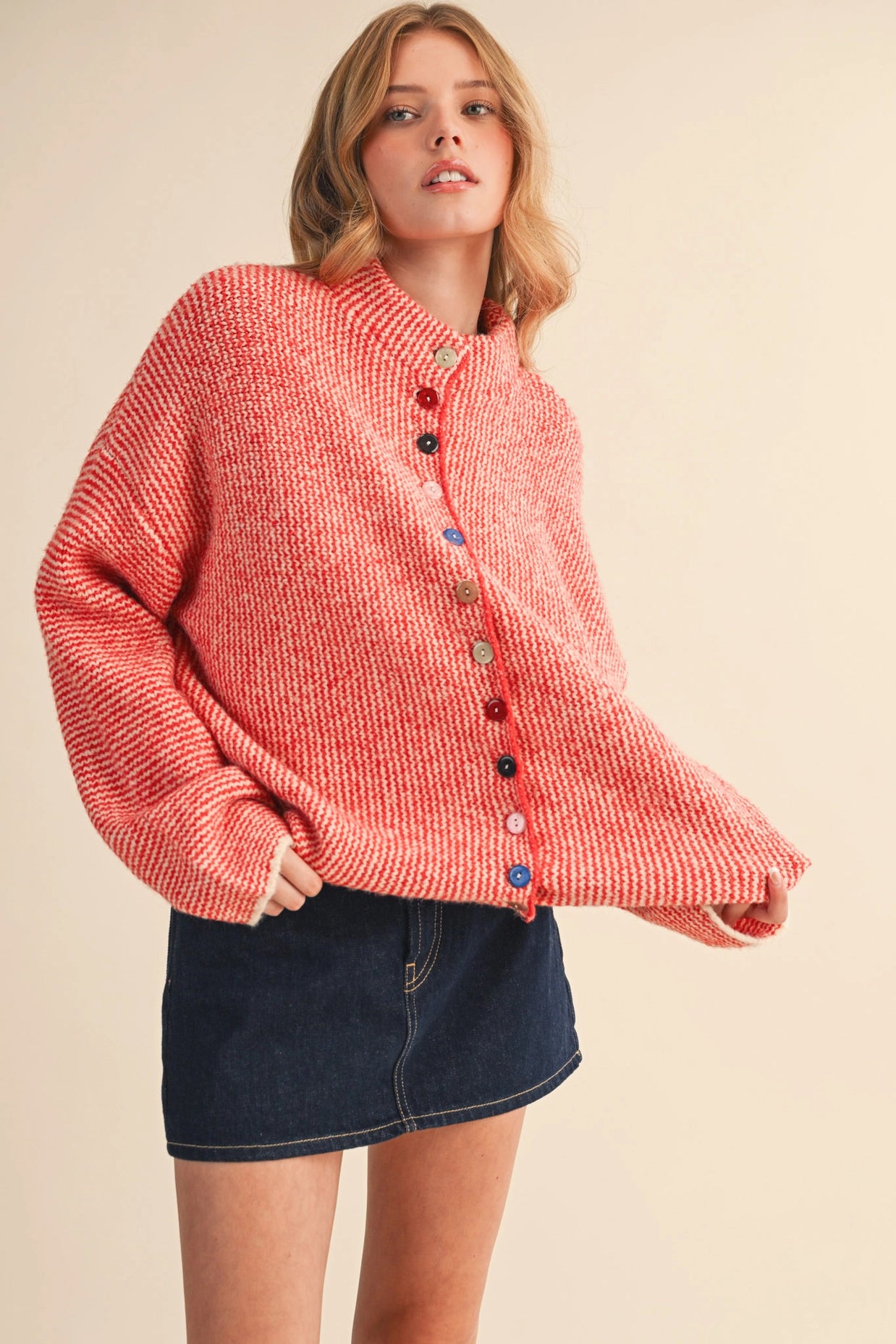 Striped Sweater Cardigan with Colorful Buttons - Ivory Red
