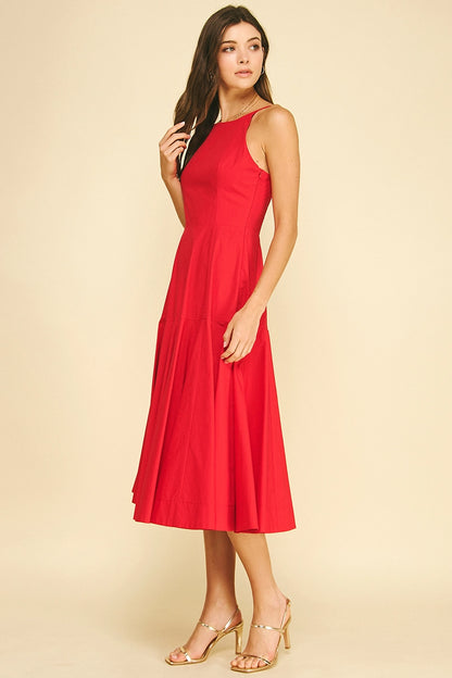 Halter Neck A-Line Midi Dress - Red