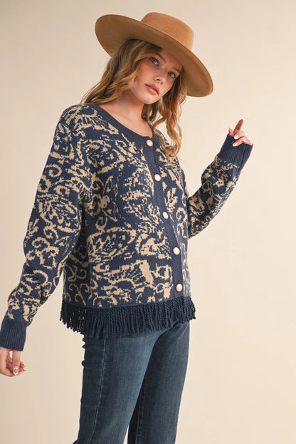 Floral Knit Fringed Sweater Cardigan - Navy Taupe