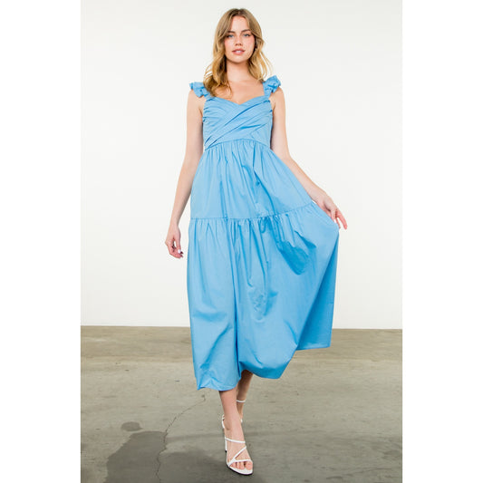 THML - Tiered Poplin Maxi Dress - Blue