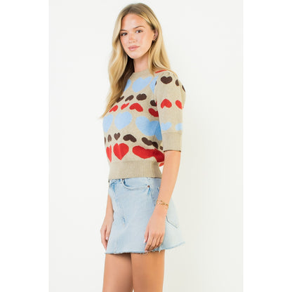 Short Sleeve Heart Knit Top - Taupe