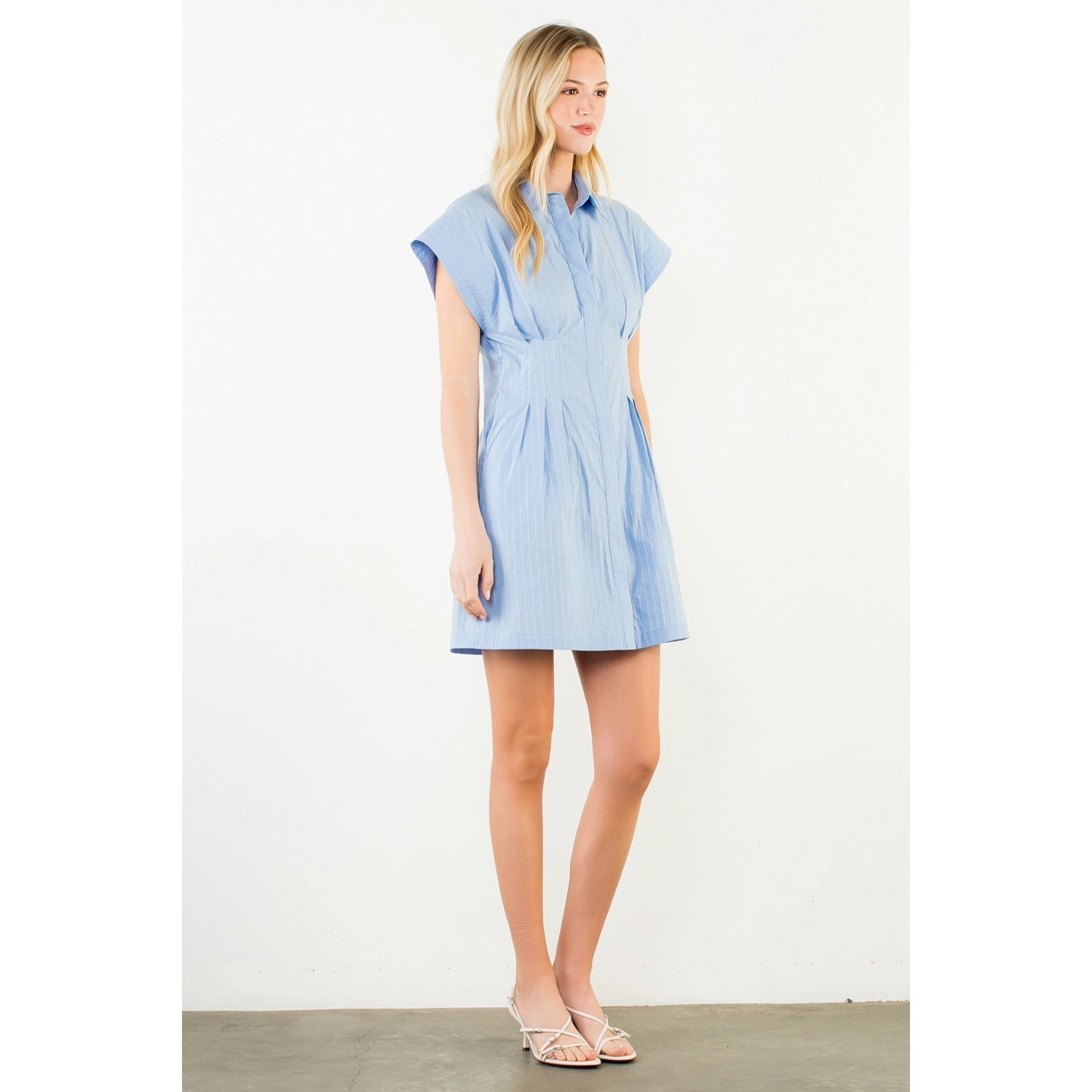 Short Sleeve Striped Button Down Dress - Blue - Spinout