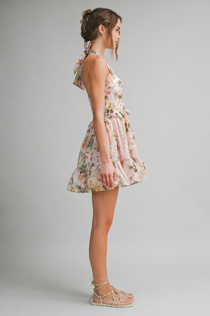 Floral Halter Mini Dress - Peach