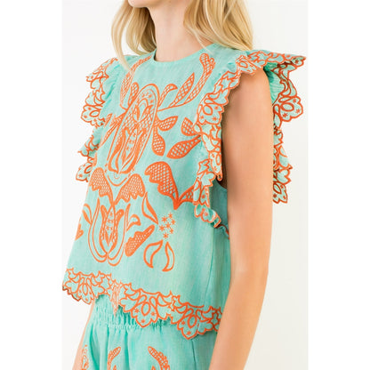 Flutter Sleeve Embroidery Detail Top - Mint