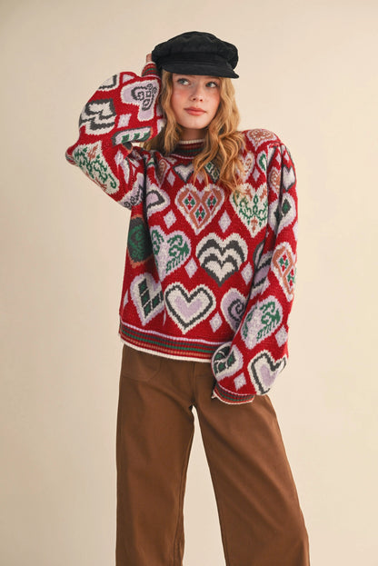 Heart Pattern Pullover Sweater - Brown Multi