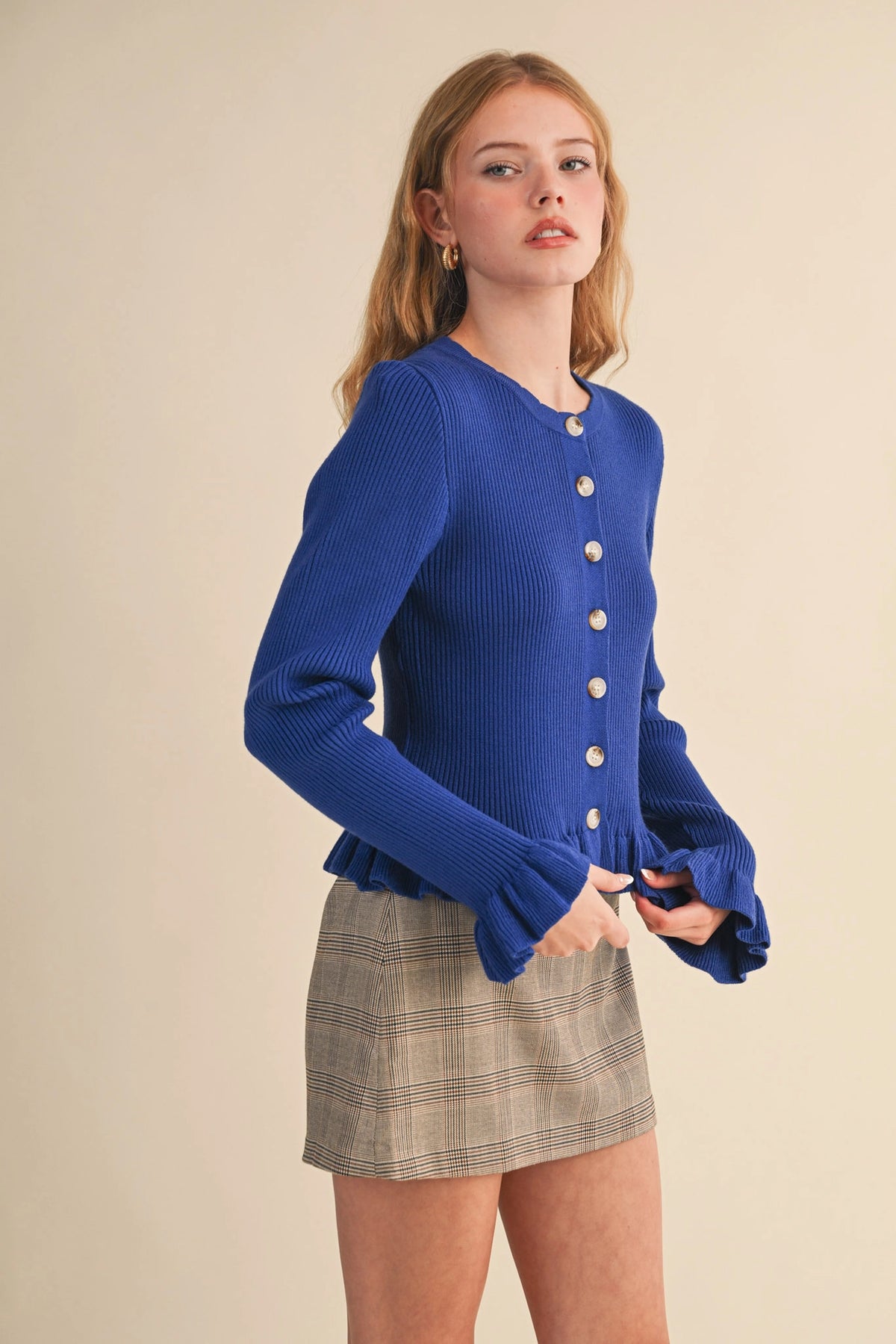 Ruffle Hem Ribbed Knit Sweater Cardigan - Royal Blue